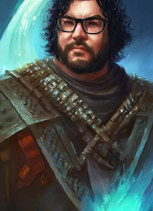 Prompt: chubby male with black wavy hair and glasses warrior, dndbeyond, bright, colourful, realistic, dnd character portrait, full body, pathfinder, pinterest, art by ralph horsley, dnd, rpg, lotr game design fanart by concept art, behance hd, artstation, deviantart, hdr render in unreal engine 5