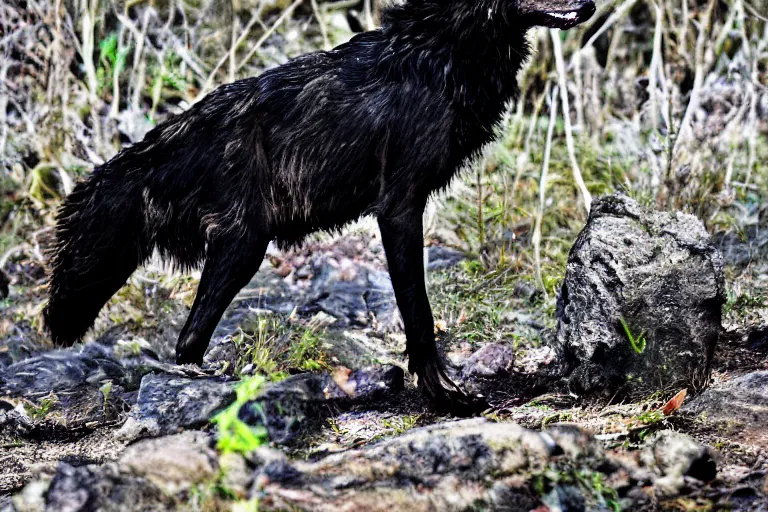 Prompt: ! human wolf crow werecreature, color photograph captured at creek