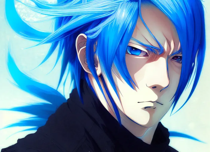 Image similar to a anime portrait of a man with flaming blue hair, blue eyes, serious expression!! finely detailed features, sharp focus, perfect art, scenic background, intricate, anime, illustration, artstation, trending on pixiv fanbox, painted by greg rutkowski, studio ghibli, yoji shinkawa, hayao miyazaki,