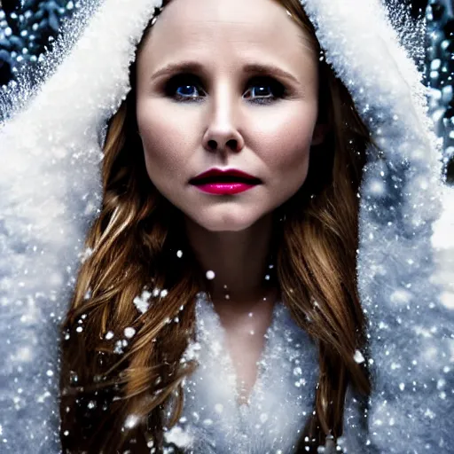 Image similar to Kristen Bell as a snow goddess covered in snow, grungy, unkept hair, glowing eyes, winter, modelsociety, radiant skin, huge anime eyes, RTX on, bright on black, dramatic, studio lighting, perfect face, intricate, Sony a7R IV, symmetric balance, polarizing filter, Photolab, Lightroom, 4K, Dolby Vision, Photography Award