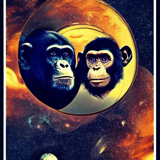 Image similar to double exposure portrait of astronaut and a chimpanzee astronaut with space and time in the the background by davinci, circles, psychedelic, pencil art, high definition, dynamic lighting stars, sharpness, golden ratio