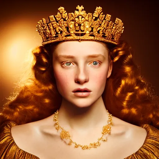 Image similar to photographic portrait of a stunningly beautiful princess renaissance female, with a golden ornate crown, in soft dreamy light at sunset, contemporary fashion shoot, by edward robert hughes, annie leibovitz and steve mccurry, david lazar, jimmy nelsson, extremely detailed, breathtaking, hyperrealistic, perfect face, octane render