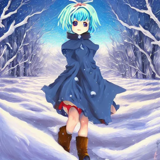 Prompt: cirno in a snowy landscape, touhou character, oil painting by Dan Mumford, anime portrait