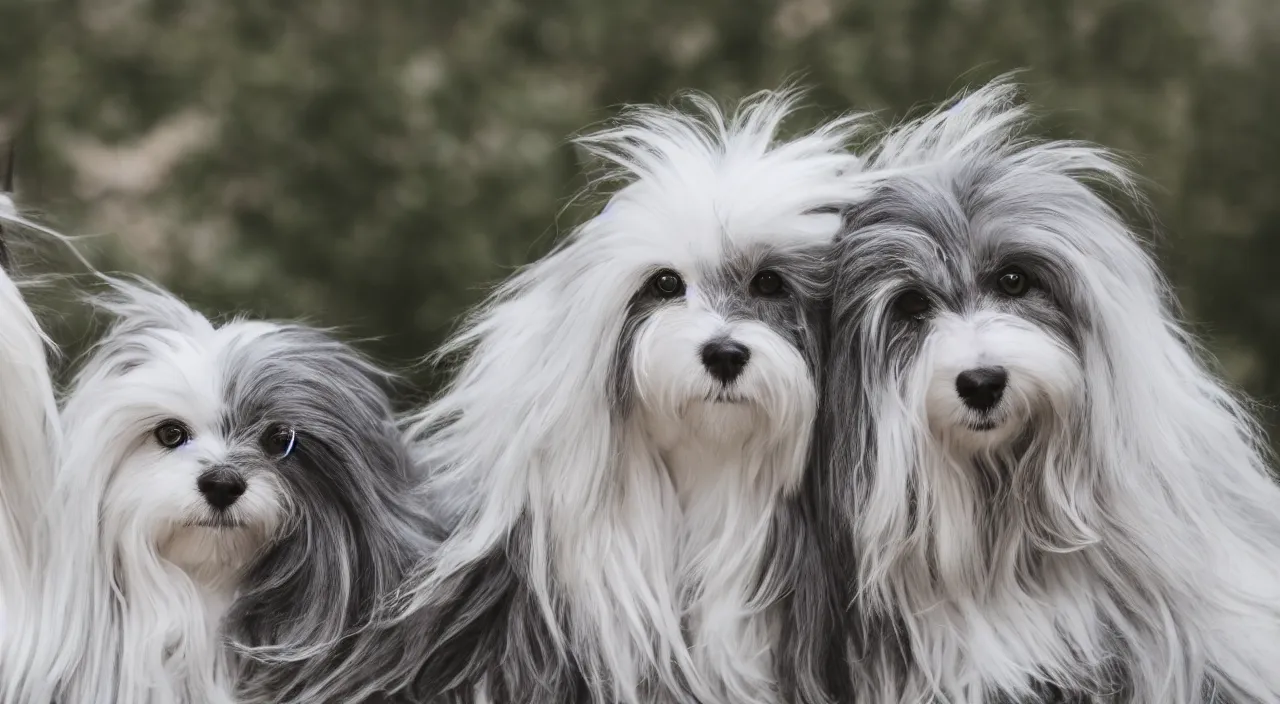Prompt: gray long haired cat and white maltese dog 5 5 mm photography detailed footage