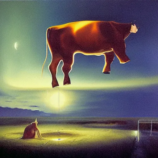 Image similar to a cow floating at night, pov inside a car, flashlight on, creepy, surrealism, painting by boris vallejo and michael whelan