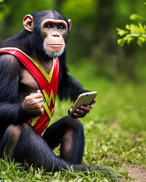 Image similar to A chimpanzee wearing a Wonder Woman outfit, holds a smart phone, photographed in the style of National Geographic, hyperreal