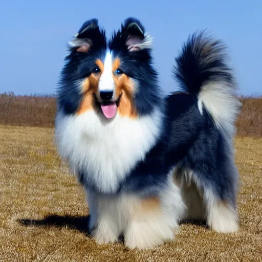 Prompt: photo of a blue Rough Collie with a large red bow knot on the head realistic