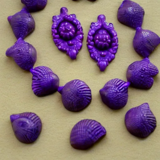 Prompt: carved seashell beads jewelry design purple splotches