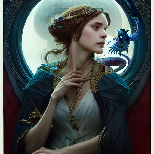 Prompt: Portrait of female sorcerer and her pet dragon, epic dark fantasy, medium shot, intricate, elegant, highly detailed, digital painting, artstation, concept art, smooth, sharp focus, illustration, art by artgerm and greg rutkowski and alphonse mucha