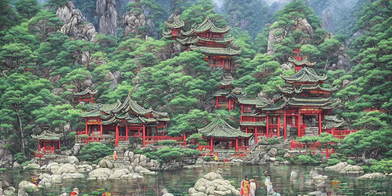 Image similar to the taoist temples of huangshan, landscape painting by pam neilands