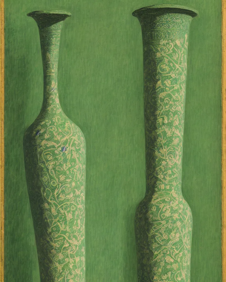 Image similar to achingly beautiful print of intricately painted ancient greek lekythos on a green pastel background by rene magritte, monet, and turner.