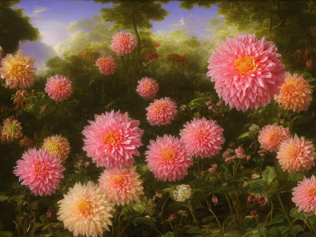 Image similar to Opalescent dahlia garden by Rachel Ruysch and Thomas Cole, 4k, 1978, sunlight study