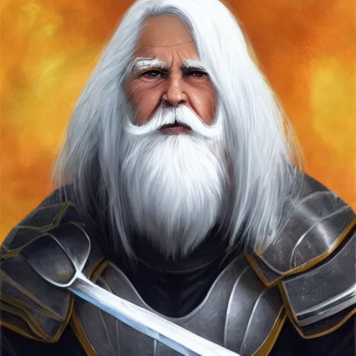 Image similar to an 8 0 year old man with long white hair and a white beard poses in his black armor and sword, art by artgerm