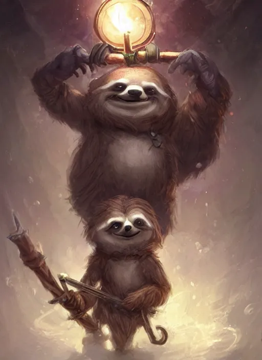 Image similar to cute little anthropomorphic sloth, wielding a magic staff, tiny, small, short, wizard robe, cute and adorable, pretty, beautiful, dnd character art portrait, matte fantasy painting, deviantart artstation, by jason felix by steve argyle by tyler jacobson by peter mohrbacher, cinema