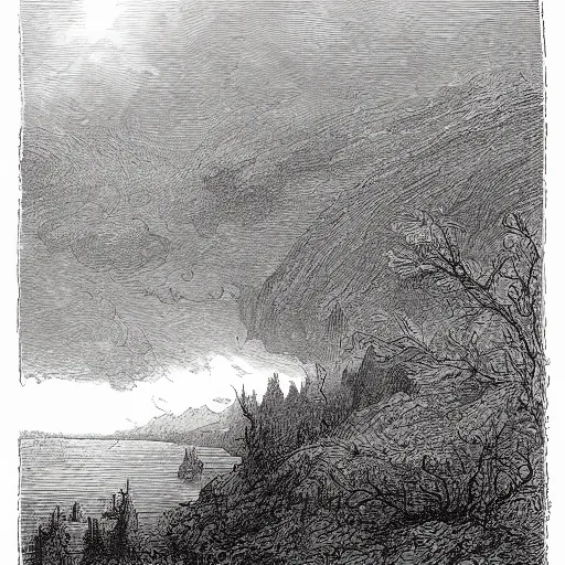 Image similar to Drawing of the Rhein, forest, high detail, clouds, realistic, illustration by Gustave Doré