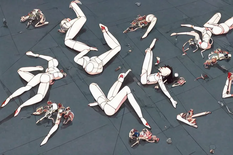 Prompt: a nice illustration of a group of female androids' lying scattered over an abstract, empty, white floor, by masamune shirow, hajime sorayama and katsuhiro otomo, view from above