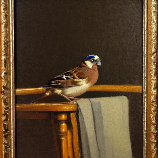 Image similar to an oil painting of a sparrow perched on a chair, highly detailed, oleo, artstation, sharp focus, by diego velazquez