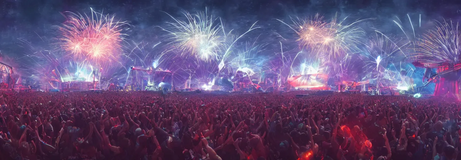 Prompt: the year 3000 on a festival with Armin van Buuren as a DJ using highly technical DJ gear. there are fireworks, lasers on stage and the crowds are excited, extremely detailed oil painting, unreal 5 render, rhads, Bruce Pennington, Studio Ghibli, tim hildebrandt, digital art, octane render, beautiful composition, trending on artstation, award-winning photograph, masterpiece