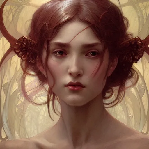 Image similar to portrait of a female demon, intricate, elegant, highly detailed, digital painting, artstation, concept art, smooth, sharp focus, illustration, art by artgerm and greg rutkowski and alphonse mucha and william - adolphe bouguereau