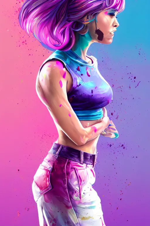 Image similar to a award winning half body portrait of a beautiful woman in a croptop and cargo pants with ombre purple pink teal hairstyle with head in motion and hair flying by artgerm, paint splashes, splatter, outrun, vaporware, shaded flat illustration, digital art, trending on artstation, highly detailed, fine detail, intricate