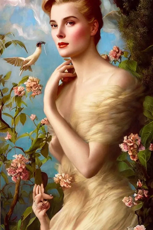 Image similar to A young and extremely beautiful Grace Kelly explaining the birds and the bees by Tom Bagshaw in the style of a modern Gaston Bussière, art nouveau, art deco, surrealism. Extremely lush detail. Perfect composition and lighting. Profoundly surreal. Sultry look on her face.