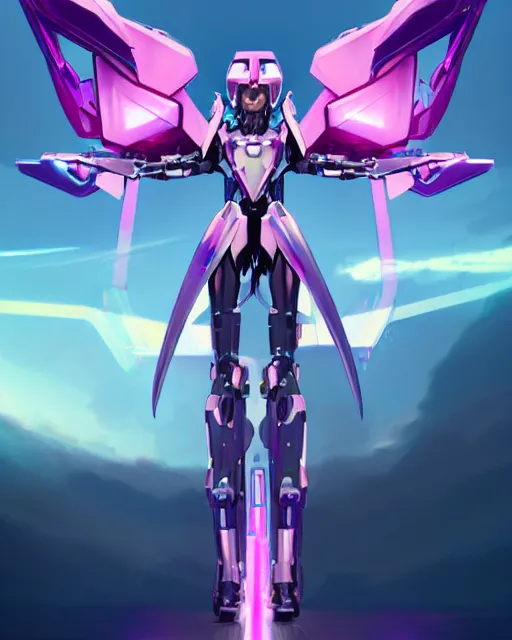 Image similar to uncropped iridescent feminine mecha ( with futuristic jet armor and wings ) with a heart visor helmet, symphogear, full body character portrait, hi - tech, trending on artstation, hot pink armor, digital painting, concept art, sharp focus, illustration, art by wlop and greg rutkowski
