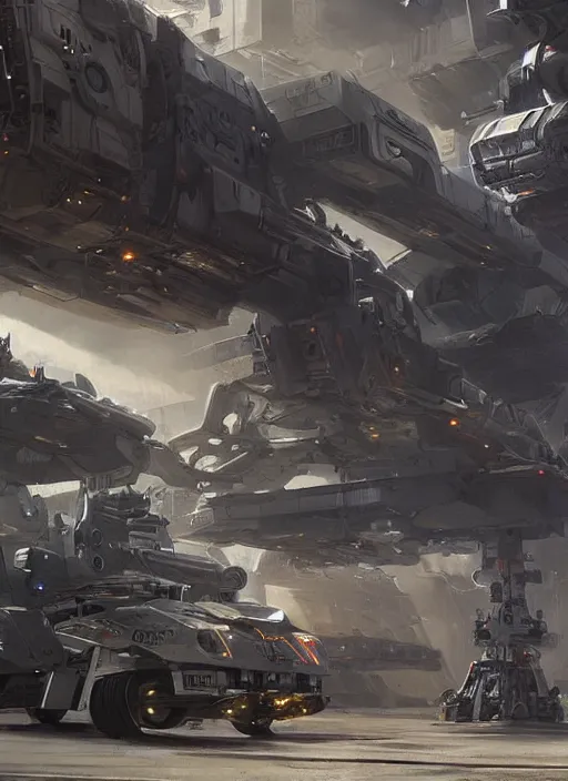Prompt: hyper realistic sci - fi matte concept art painting of robots loading mecha parts onto starships, beautiful details, strong composition painted by kim jung guweta studio rutkowski, james gurney and greg rutkowski, and lucasfilm, smooth, intricate, detailed, sharp focus, cinematic