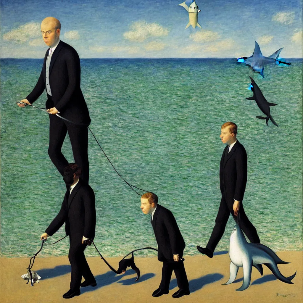 Prompt: portrait of a business man walking his pet shark, by rene magritte, monet, and turner