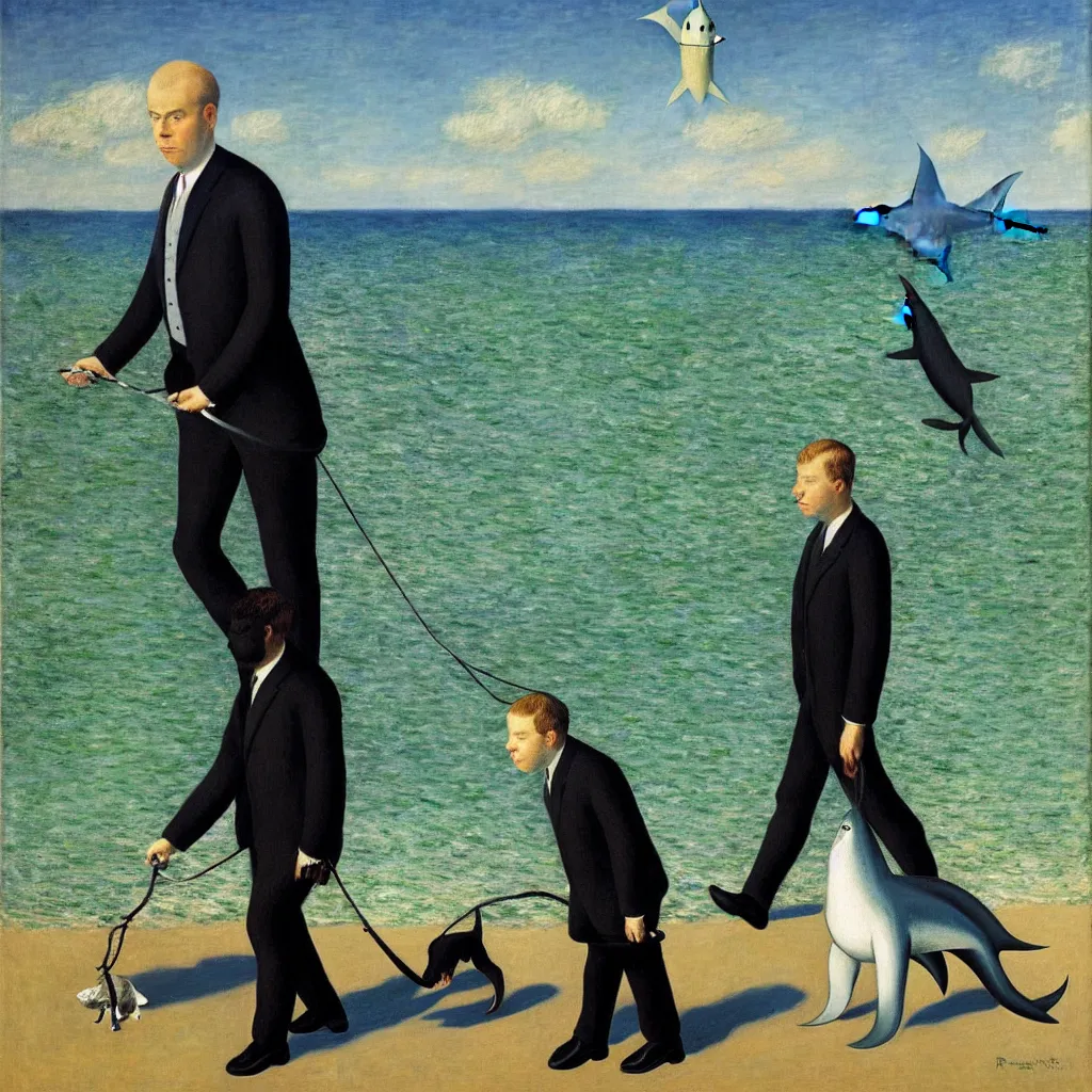 Image similar to portrait of a business man walking his pet shark, by rene magritte, monet, and turner