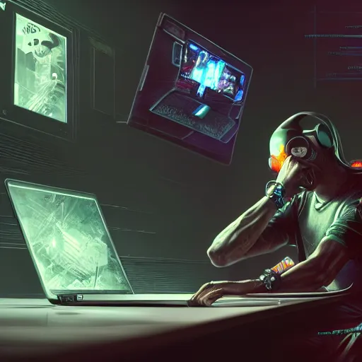 Image similar to realistic man using laptop in gaming room, artstation trends, cyberpunk concept art, highly detailed, intricate, sharp focus, digital art, 8 k