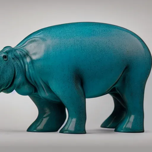 Image similar to a smooth museum - quality hippopotamus made of polished wood with visible wood grain grafted onto teal blue ceramic, hd photograph, matte gray background