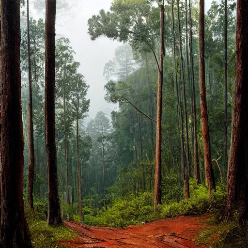 Prompt: gondola meme stands looking out at a peaceful morning forest after a rainstorm, gondola meme, forest