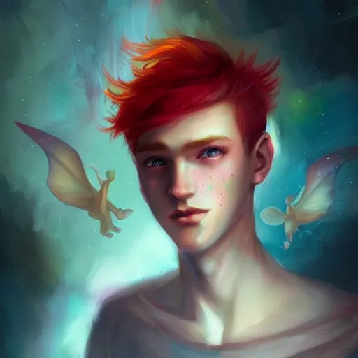 Image similar to colorful and Festive Captivating Fairy teenager boy with red hair, atmospheric lighting, painted, intricate, highly detailed by Charlie Bowater