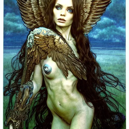 Image similar to head and shoulders portrait of a winged harpy, d & d, fantasy, luis royo, magali villeneuve, donato giancola, wlop, krenz cushart, hans zatka, klimt, alphonse mucha