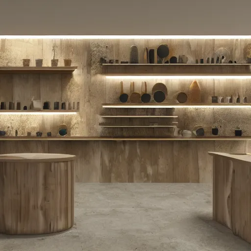 Prompt: an 8k render ceramics shop interior with wooden panels and greenery