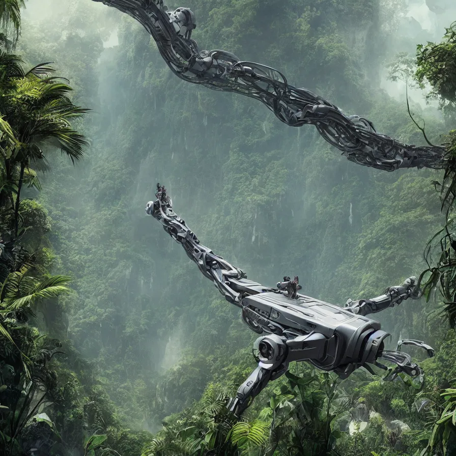 Prompt: hyperrealistic matte painting of futuristic robot quetzalcoatl, flying above the jungle by eddie mendoza, beeple, 4 k, trending on cgsociety