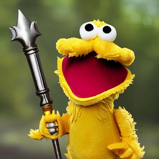 Image similar to a huggable yellow plush dragonborne paladin muppet wearing vampiric armor and holding a toy sword, photorealistic, nature, photography, national geographic, sesame street