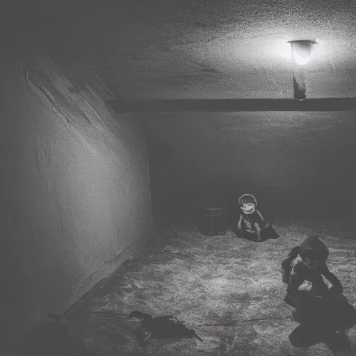 Image similar to Little devil crowd in the attic, dark, shadows, night, 8k Photography