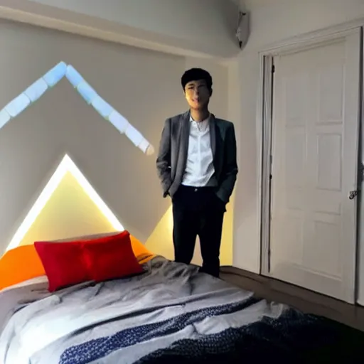 Prompt: a 2 5 year old asian daytrader standing proudly in front of triangular nanoleaf led lights on his bedroom wall