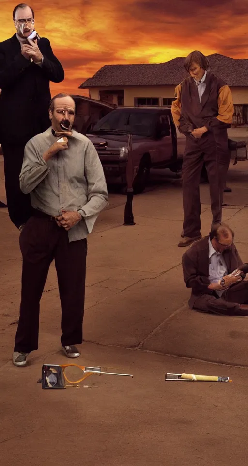 Image similar to saul goodman smoking cigarettes with steve jobs, sepia, in mexico, emmy award winning, with jessie pinkman in the background yelling and angry, sunset, granite sidewalk, movie screenshot, suburban houses in background, gritty, mustache