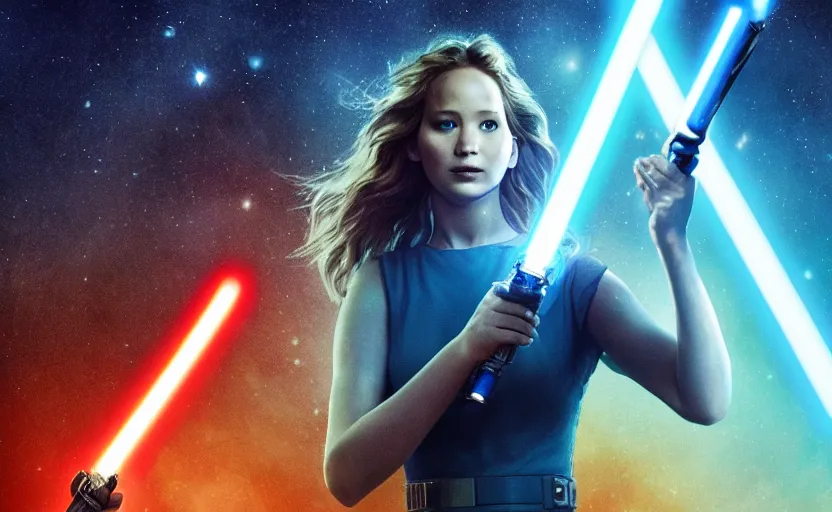 Image similar to jennifer lawrence as a jedi with a blue lightsaber in an ancient bioluminescent forest, new star wars movie poster from lucas arts, perfect symmetrical face, full moon, moody lighting, 8 k, shallow depth of field, intricate detail,