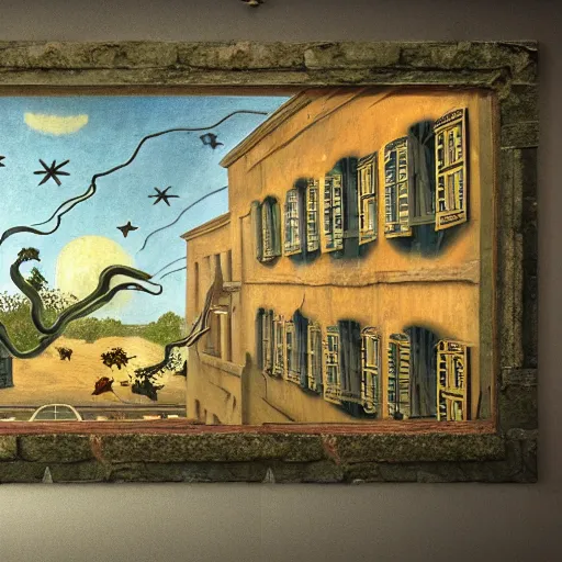 Prompt: hd photo of a fresco!! on a building, with dragon and ( falling stars ), dark faded colors, in style of henri rousseau, denoise, deblur, unreal engine, photorealism