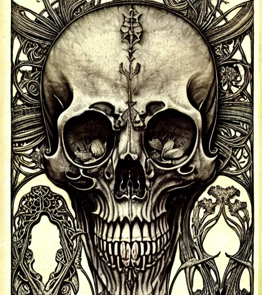 Image similar to memento mori by arthur rackham, art forms of nature by ernst haeckel, exquisitely detailed, art nouveau, gothic, ornately carved beautiful skull dominant, intricately carved antique bone, art nouveau botanicals, ornamental bone carvings, art forms of nature by ernst haeckel, horizontal symmetry, arthur rackham, ernst haeckel