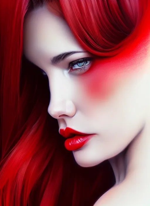 Image similar to photo of gorgeous woman with red and white ombre in the style of stefan kostic, realistic, half body shot, sharp focus, 8 k high definition, insanely detailed, intricate, elegant, art by stanley lau and artgerm, foggy backgeound