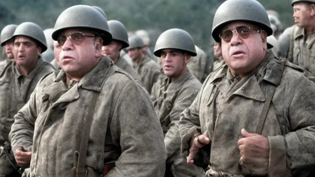 Image similar to A still of Danny Devito in Saving Private Ryan, 8k