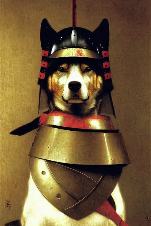 Image similar to portrait of a dog samurai, wearing samurai armor and helmet, majestic, solemn, by bouguereau