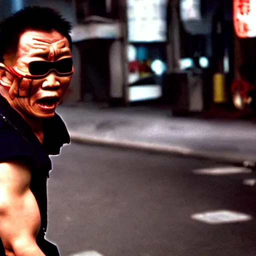 Prompt: crazy asian man in the role of terminator, film still