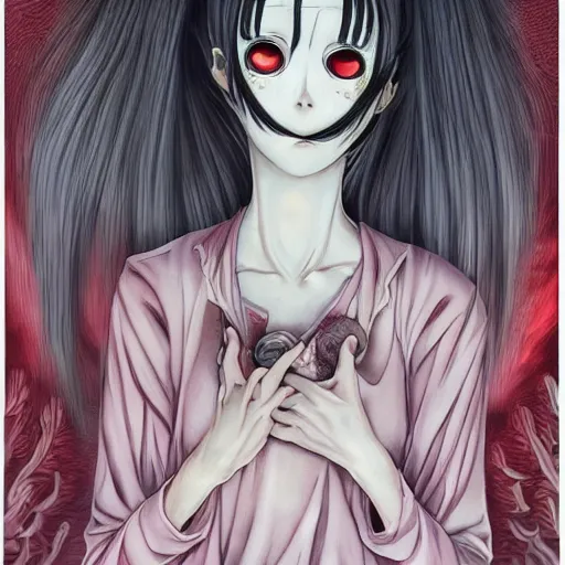 Prompt: A beautiful detailed aesthetic horror portrait painting titled 'Face of sadness' description 'Order of the occult princess' anime and manga style, Junji Ito, ultra-detailed, 4K , masterpiece.