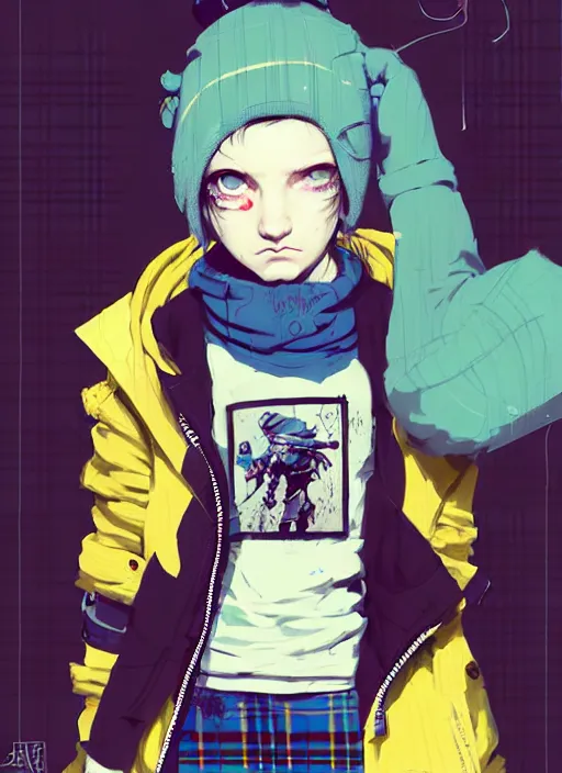 Prompt: highly detailed portrait of a sewer punk lady student, blue eyes, tartan hoody, hat, white hair by atey ghailan, by greg rutkowski, by greg tocchini, by james gilleard, by joe fenton, by kaethe butcher, gradient yellow, black, brown and cyan color scheme, grunge aesthetic!!! ( ( graffiti tag wall ) )