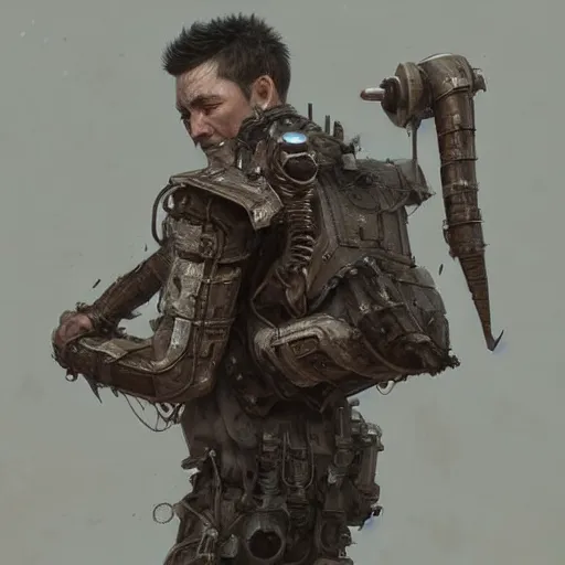 Prompt: a highly detailed epic cinematic concept art CG render digital painting artwork: dieselpunk man with an engine brutally sewn to his back. By Greg Rutkowski, Ilya Kuvshinov, WLOP, Stanley Artgerm Lau, Ruan Jia and Fenghua Zhong, trending on ArtStation, subtle muted cinematic colors, made in Maya, Blender and Photoshop, octane render, excellent composition, cinematic atmosphere, dynamic dramatic cinematic lighting, precise correct anatomy, aesthetic, very inspirational, arthouse